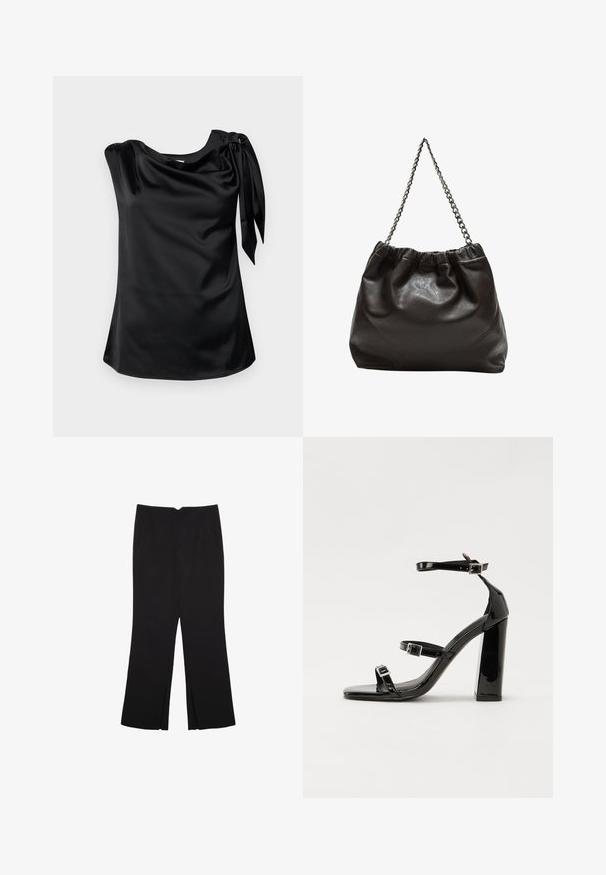 Modström KATJAMD TOP - Pusero - black; Mustat housut suoralinjaisella leikkauksella, joissa on etutaskut ja sivurei'ät helman alla. Valmistettu pehmeästä ja sileästä kankaasta. Sopii eri tilaisuuksiin.; Musta kiiltävä korkokenkä sandaalit neliönmuotoisella varpaalla, nilkkaremmillä ja hopeisilla soljilla. Varustettu tukevalla lohkokorkealla vakauden takaamiseksi.; Ruskea nahkainen laukku, jossa on kerätty yläosa ja ketjuhihna. Tasainen pinta, jossa kiiltävä viimeistely ja hienovaraiset sauman yksityiskohdat sivuilla.