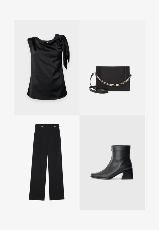 Modström KATJAMD TOP - Blūze - black; Melnas platās bikses ar augstu jostasvietu, pogu detaļām uz jostas un priekšējām krokām.; Melna ādas potītes zābaku ar kvadrātveida purngalu, sānu rāvējslēdzēju un bloku papēdi uz vienkārša gaismas fona.; Melna ādas crossbody soma ar gludu faktūru, taisnstūrveida formu un metalizētu ķēdes detaļu priekšā. Iekļauta regulējama siksna.