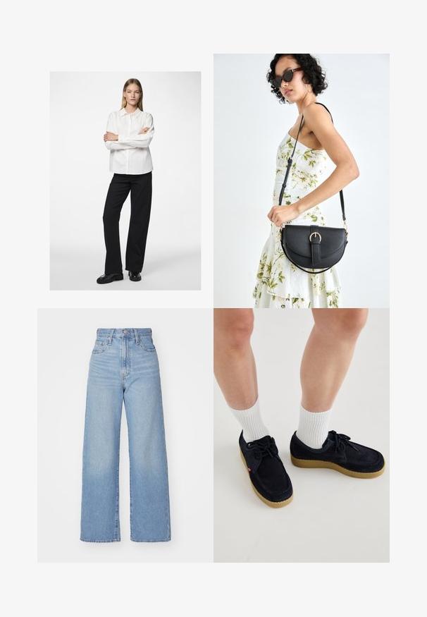 Camicia bianca con colletto e maniche lunghe, abbinata a pantaloni neri a gamba larga e scarpe nere lucide. Tessuto morbido, vestibilità comoda.; Jeans a vita alta blu chiaro con gamba larga, chiusura frontale con bottone e zip, tasche anteriori e posteriori, su uno sfondo bianco.; Scarpe in suede blu navy con punta rotonda, design con lacci e suola in gomma color crema. Abbinato a calzini bianchi a coste.; Borsa a tracolla nera in pelle con una forma curva, manico rimovibile e accessori dorati. La borsa presenta una patta con un dettaglio a fibbia.