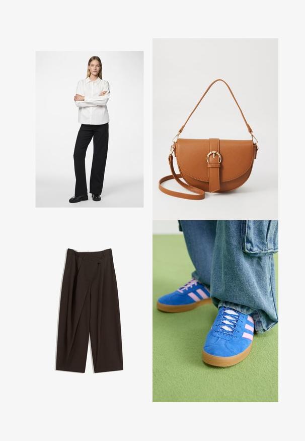 Vit skjorta med krage och långa ärmar, kombinerad med svarta vida byxor och blanka svarta skor. Slätt tyg, avslappnad passform.; Mörkbruna vida byxor med hög midja, med en enkel knappstängning och plisserad front. Tillverkade av lätt tyg.; Blå mockaskor med rosa ränder och vita snören, med en sula av gummigummi, kombinerat med lösa denimbyxor på en grön yta.; Brun läder crossbody-väska med en böjd form, gyllene detaljer och en spänneaccent. Har en avtagbar axelrem.