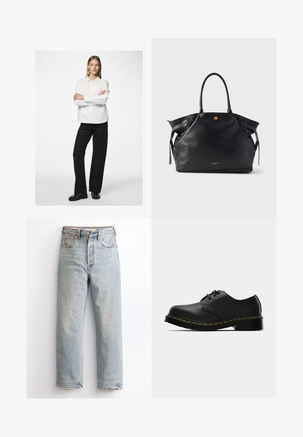 Balta krekla ar apkakli un garajām piedurknēm, apvienota ar melniem platiem biksēm un spīdīgām melnām kurpēm. Gluds audums, brīvs piegriezums.; Gai zilas denima bikses ar taisnu kāju dizainu, ar izsistām malām, vara kniedēm un klasisku piecu kabatu stilu.; Melnas ādas kurpes ar noapaļotu purngalu, sasaistes dizainu, dzelteniem šuvumiem gar zoli un masīvu melnu gumijas zoli, kas nodrošina saķeri.; Melna ādas tote soma ar reljefu, zelta detaļām un divām noapaļotām rokturiem. Izceļas ar drošu aizdari un minimālu zīmola logotipu.