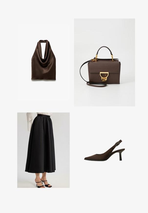 Brun satin halterneck-top med et elegant draperet halsdesign. Glat tekstur, falder blødt, og har en rygslutning med bindebånd.; Sort maxi-nederdel lavet af glat stof, med en draperet talje og flydende design, parret med sorte sandlede hæle.; Brune suede slingback stiletto med spids tå, slankt design, tynd hæl og en spændeaccent på ankelremmen.; Brun struktureret læder håndtaske med guldfarvet hardware, top håndtag og aftagelig skulderrem. Har en frontklap og logo-detalje.; Guldtonet rektangulær armbåndsur med en hvid skive, sølvtonede time markører og et holdbart metalled. Vandafvisende funktion inkluderet.