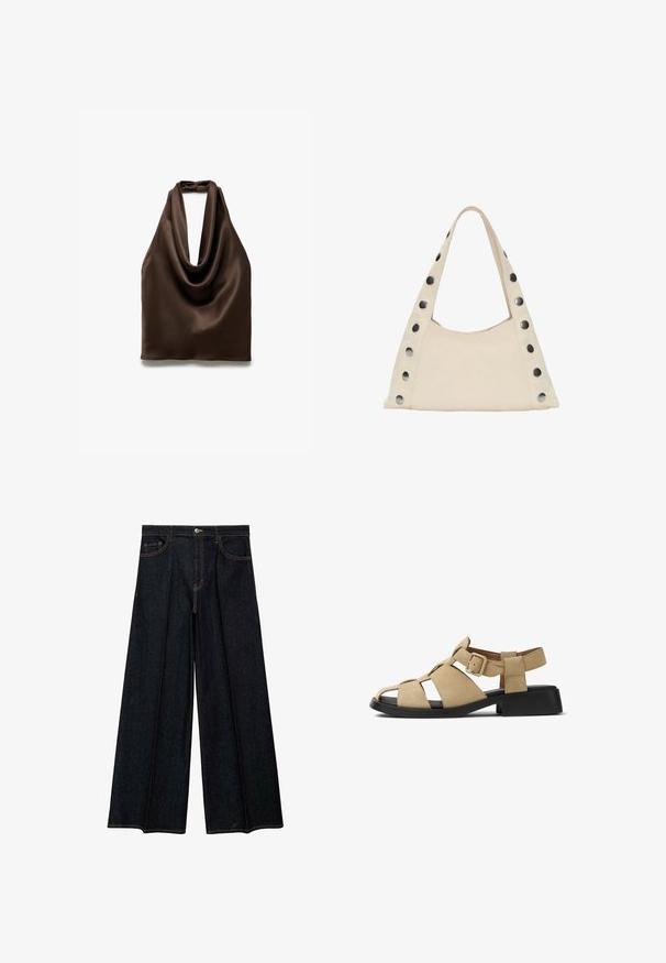 Brun satin halterneck-top med et elegant draperet halsdesign. Glat tekstur, falder blødt, og har en rygslutning med bindebånd.; Vide ben jeans i mørkt denim med høj talje, frontlommer og kontrastfarvet syning. Glat tekstur med en skræddersyet finish.; Beige ruskindssandal med åben tå og sidelufter. Har en spænde rem og en tykk sort hæl for ekstra stabilitet.; PULL&BEAR SHOULDER - Shopping bags - beige