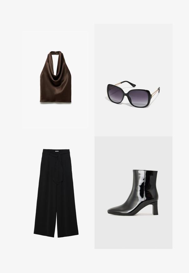 Brun satin halterneck-top med et elegant draperet halsdesign. Glat tekstur, falder blødt, og har en rygslutning med bindebånd.; Sorte vide bukser i en tekstureret stofkvalitet, med elastisk talje og et aftageligt bånd i taljen for justerbar pasform.; Sort lakeret ankelstøvle med spids tå og en midt-højde blokhæl. Glat tekstur og minimalistisk design.; Sorte oversized solbriller med gradientlinser, tykke stel og guldfarvet kæde detaljer på tempelarmene.