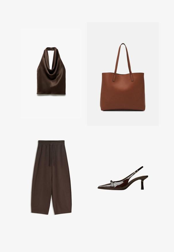 Braunes Satin-Haltertop mit elegantem Wasserfallausschnitt. Glatte Textur, fällt sanft und verfügt über einen Rückenknotenverschluss.; Braune, weit geschnittene Hose aus weichem Stoff mit elastischem Bund und Kordelzug, glatter Textur und schlichtem Design.; Braune Lackleder-Slingback-Schuhe mit spitzem Zehenbereich, niedrigem Absatz und einer dekorativen Schleifenakzent an der Vorderseite. Glatte, glänzende Textur.; Braune Leder-Tote mit glatter Textur, offenem Oberteil und zwei Schulterriemen. Verfügt über minimale Nähte und keine sichtbaren Beschläge.