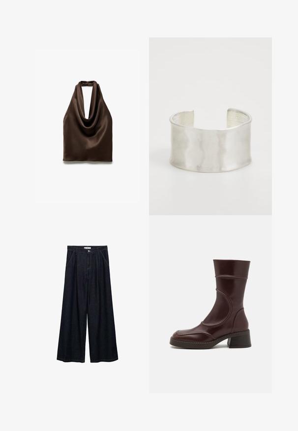 Brown satin halter top with an elegant cowl neck design. Smooth texture, drapes softly, and features a back tie closure.; Dark denim wide-leg trousers with a high waist, featuring a front button closure, two side pockets, and stitching details.; MIISTA MALENE - Classic ankle boots - brown; Zign Bracelet - silver-coloured