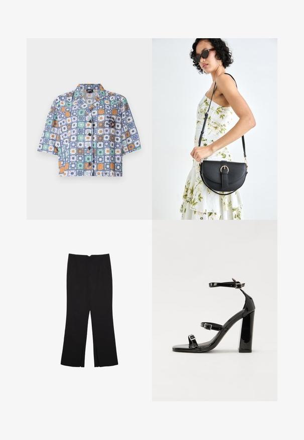 Short-sleeve button-up shirt with a floral pattern in blue, orange, green, and white. Made from lightweight fabric, features a camp collar.; Black trousers with a straight fit, featuring front pockets and side slits at the hem. Made of soft, smooth fabric. Suitable for various occasions.; Black patent heeled sandals with a square toe, ankle straps, and silver buckles. Features a chunky block heel for stability.; Black leather handbag with a curved shape, detachable strap, and gold hardware. The bag features a flap with a buckle detail.