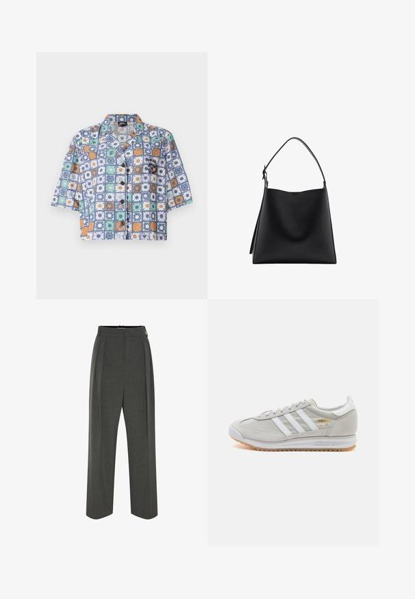 Košelka na gombíky s krátkym rukávom a kvetinovým vzorom v modrej, oranžovej, zelenej a bielej farbe. Vyrobená z ľahkej látky, má golier typu camp.; Sivé široké nohavice z textúrovaného materiálu s vysokým pásom a záhybmi vpredu. Dizajn zahŕňa hladký pás a žiadne viditeľné zapínanie.; Svetlosivé tenisky vyrobené z kože a sieťoviny, s tromi bielymi pruhmi, okrúhlou špičkou a gumovou podrážkou. Zlatý logový akcent pri šnúrkach.; Čierna kožená kabelka s hladkou textúrou, minimalistickým dizajnom a jedným zakriveným ramenným popruhom. Otvorená vrchná časť, bez viditeľného kovania.