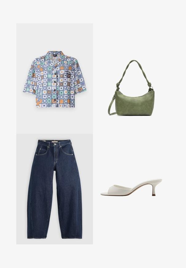 Short-sleeve button-up shirt with a floral pattern in blue, orange, green, and white. Made from lightweight fabric, features a camp collar.; Dark blue denim jeans with a loose fit, light stitching, five pockets, and a button closure at the waistband.; White open-toed high-heeled mules with a smooth finish, minimalist design, and a slender heel, featuring a subtle brown accent on the sole.; Green leather handbag with a smooth texture, curved shape, and braided handle. Features a zip closure and an adjustable strap.
