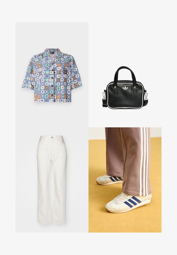 Camicia a maniche corte con bottoni e motivo floreale in blu, arancione, verde e bianco. Realizzata in tessuto leggero, è dotata di colletto a camicia.; Pantaloni in denim bianco con vita alta e taglio ampio. Presentano chiusura con bottone e zip, passanti per cintura e dettagli di cucitura sottili.; Sneakers crema con strisce in suede blu, lacci bianchi e suola in gomma. Abbinati a pantaloni sportivi grigi con strisce laterali bianche.; Borsa a mano in pelle nera con due manici corti, hardware argentato, dettagli bianchi e un logo bianco. Presenta una superficie strutturata e un design compatto.