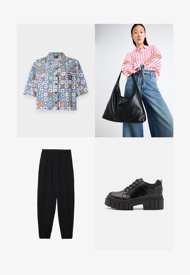 Short-sleeve button-up shirt with a floral pattern in blue, orange, green, and white. Made from lightweight fabric, features a camp collar.; Black, lightweight pants with an elastic waistband and gathered ankles. The fabric is smooth and features a relaxed, tapered design.; Black leather platform shoes with a chunky block heel, round toe, and traditional lace-up design. Features smooth texture and minimal detailing.; Black leather shoulder bag with a slouchy shape and seam details. Model wears a pink and white striped shirt with wide-leg blue jeans.