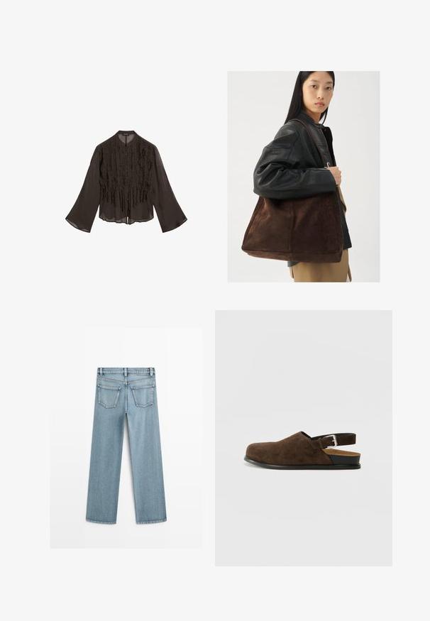 Blusa nera leggera con balze sul davanti, maniche lunghe a campana e colletto arrotondato. Presenta una chiusura frontale con bottoni.; Jeans in denim azzurro chiaro a gamba larga con vita mediamente alta, dotati di due tasche posteriori e un taglio dritto classico.; Scarpa slip-on in suede marrone con tacco basso, cinturino regolabile con fibbia argentata e suola in gomma nera.; Borsa tote in suede marrone con forma ampia e texture morbida, caratterizzata da una strap singola e hardware minimale su uno sfondo neutro.