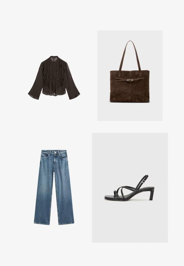 Sort, let bluse med rynket front, lange klokkeærmer og rundet krave. Har knaplukning langs fronten.; Lyseblå denim brede bukser med høj talje, fem-lomme design og knaplukning. Stoffet har en let falmet tekstur.; Sort remsandale med firkantet tå og en lav blokeret hæl. Har flere tynde stropper og en justerbar ankelrem. Fremstillet af glat læder.; Brun ruskinds tote bag med lange håndtag, der har et fladt design og en dekorativ rem med accent i sølvfarvet metal.