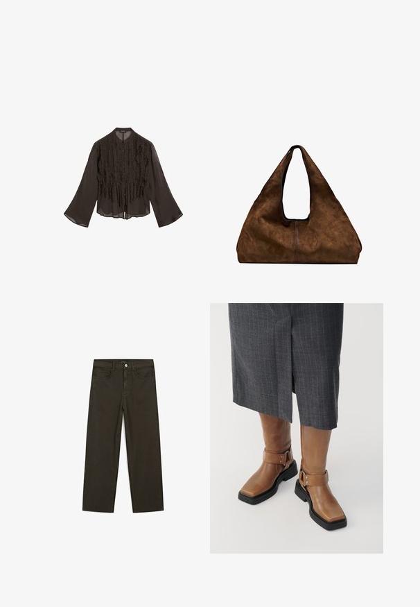Černá lehká halenka s volánovým předním dílem, dlouhými zvonovými rukávy a zaobleným límečkem. Má zapínání na knoflíky vpředu.; Tmavě zelené široké džínsy vyrobené z bavlněné směsi, s předním zapínáním na knoflík, pěti kapsami a klasickým denimovým stehem.; Hnědé kožené vysoké boty po kolena se čtveratou špičkou, černou gumovou podrážkou a nastavitelným řemínkem s přezkou. Nosené s šedou sukní s jemnými pruhy.; Hnědá semišová taška přes rameno s otevřeným vrchem. Disponuje hlubokým a širokým tělem, vyřezávaným držadlem a minimálním prošíváním pro čistý design.