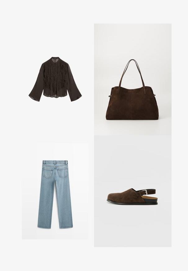 Zwart, lichtgewicht blouse met een gerimpelde voorkant, lange klokvormige mouwen en een ronde kraag. Voorzien van een knoopsluiting aan de voorkant.; Lichtblauwe denim wijde jeans met een gemiddelde taillehoogte, voorzien van twee achterzakken en een klassieke rechte snit.; Bruin suède instapper met een lage hak, een verstelbare band met een zilveren gesp en een zwarte rubberen zool.; Vagabond CANNES - Shopper - coffee