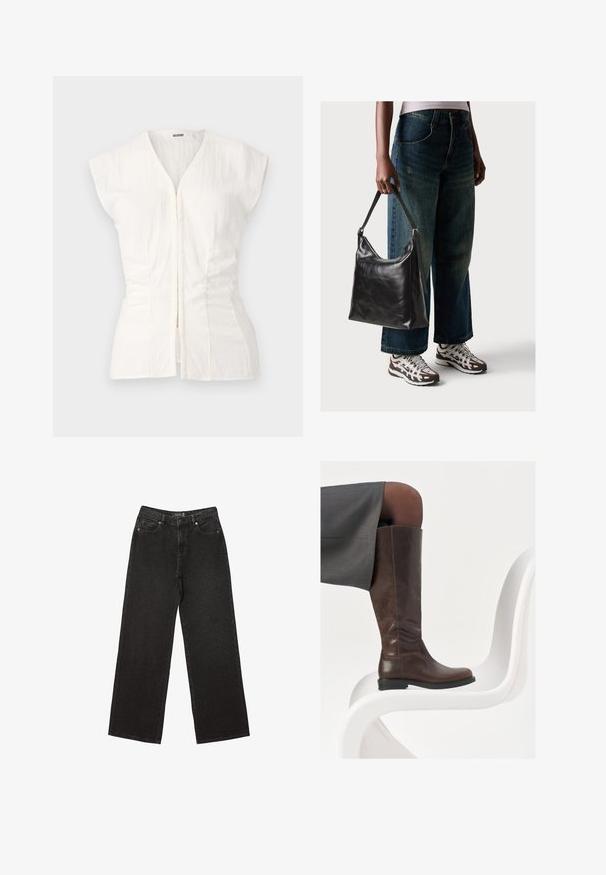 Biała, krótka bluzka z krótkim rękawem i głębokim dekoltem w kształcie V oraz zamkiem błyskawicznym z przodu. Posiada marszczoną strukturę z boków dla dopasowanego fasonu, wykonana z lekkiego materiału.; Czarne dżinsy o szerokich nogawkach, wykonane z denimu, w małe kropeczki, klasyczny pięć kieszeniowy fason oraz zapięcie na guzik i suwak.; Brązowe skórzane wysokie buty do kolan z okrągłym noskiem, gładką fakturą i minimalnymi detalami przeszycia, ustawione na jasnym tle na białym krześle.; Czarna skórzana torba na ramię o gładkiej fakturze i regulowanym pasku, w zestawieniu z wyblakłymi dżinsami typu wide-leg i sportowymi butami.