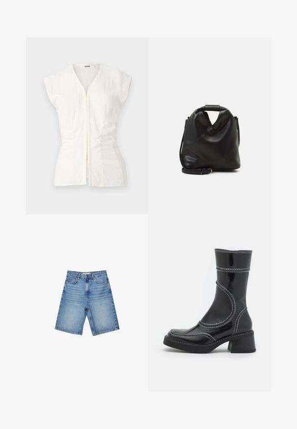 Bela, kratke rokave s globokim V-izrezom in sprednjim zadrgo. Ima naborkano teksturo na straneh za prilegajočo obliko, izdelana iz lahkotnega materiala.; Denimske kratke hlače svetlo modre barve, s klasičnim pet-pocket dizajnom, zadrgo na sprednji strani in rahlim zbledanjem. Ravno krojene s obrobljenimi robovi.; Črne lakirane gležnjarje z belim šivom, okroglo konico in blok peto. Imajo ukrivljene oblikovne črte in gladko teksturo.; Črna, mehka usnjena torba z edinstveno zasnovo z vrtenjem. Ima kratek ročaj in snemljiv ramenski trak. Minimalističen slog.; Srebrna Casio quartz ura s pravokotno/png-iskonsko obliko, analogno in digitalno prikazovanje, jekleni pas in vodoodporne funkcije.; Pilgrim UNFOLD - Verižica - silver-coloured