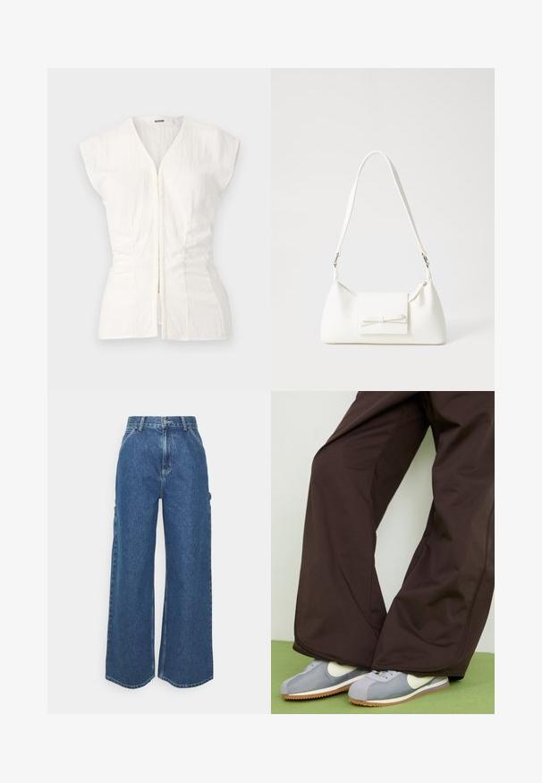 Haut blanc à manches courtes avec un décolleté en V profond et une fermeture éclair à l'avant. Présente une texture plissée sur les côtés pour un ajustement cintré, fabriqué en tissu léger.; Pantalons en denim bleu à jambes larges avec taille haute, couture contrastée et poches latérales, présentant un design classique à cinq poches et des ourlets bruts.; Pantalons larges marron avec une texture lisse et des détails sur les coutures latérales, accompagnés de baskets rétro grises et blanches avec une semelle en caoutchouc.; Sac à main synthétique blanc en forme triangulaire, avec un rabat avant plat et un détail en nœud, une bandoulière ajustable, une texture lisse et un design minimaliste.