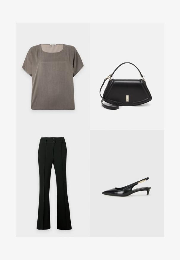 Top de manga corta en un color gris suave, con escote cuadrado y un corte relajado, hecho de una tela ligera y texturizada.; Pantalones negros acampanados que presentan una tela suave, cinturilla alta con dos botones y pliegues delanteros, proporcionando una apariencia entallada.; Tacones negros de piel sintética tipo slingback con punta afilada, que cuentan con un tacón delgado y un detalle en tono dorado en la correa ajustable. Textura suave.; Bolso de mano de cuero negro con un diseño estructurado, que presenta una forma recortada, asa superior y acentos en dorado. Correa de hombro ajustable incluida.