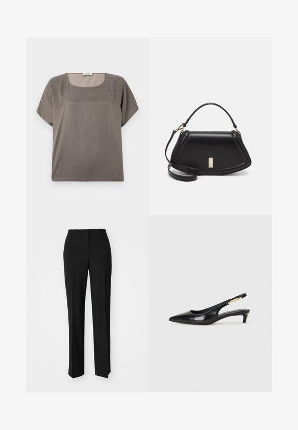 Kurzarmoberteil in einem gedämpften Grauton, mit einem quadratischen Ausschnitt und einem lockeren Schnitt, aus einem leichten, strukturierten Stoff gefertigt.; Schwarze, taillierte Hose mit geradem Bein, aus einem glatten Stoff und mit klaren Falten an der Vorderseite. Keine sichtbare Hardware.; Schwarze Leder-Slingback-Pumps mit spitzem Schuhblatt, ausgestattet mit einem schlanken Absatz und einem goldfarbigen Akzent am verstellbaren Riemen. Glatte Textur.; Schwarze Lederhandtasche mit einem strukturierten Design, das eine verkürzte Form, einen oberen Griff und goldfarbene Hardware-Details aufweist. Verstellbarer Schulterriemen ist enthalten.