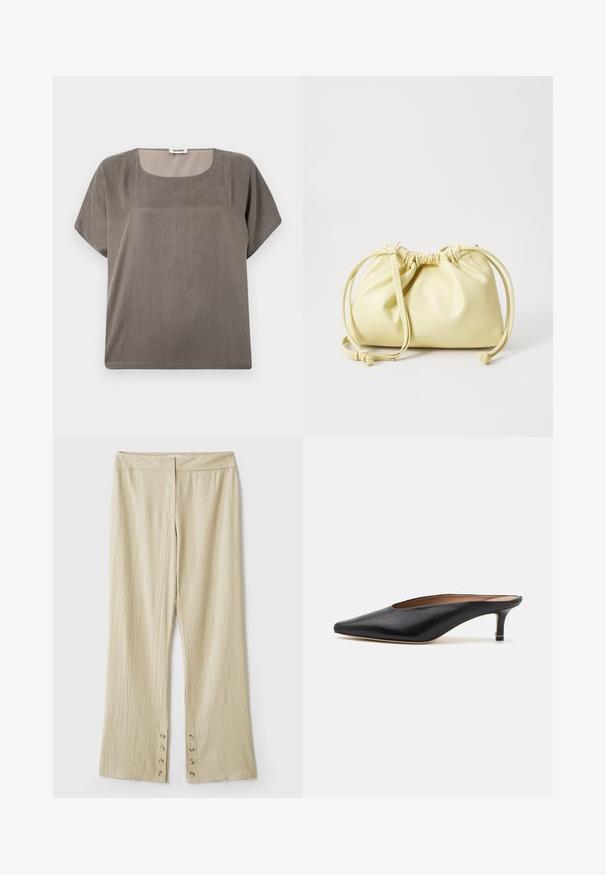 Kurzarmoberteil in einem gedämpften Grauton, mit einem quadratischen Ausschnitt und einem lockeren Schnitt, aus einem leichten, strukturierten Stoff gefertigt.; Beige weit geschnittene Hose aus strukturiertem Stoff. Mit einem flachen Bund und fünf Knöpfen am Saum zum Schließen. Falten-Design.; Schwarze Leder-Mules mit spitzem Zehenbereich und niedrigem Blockabsatz. Glatte Textur mit elegantem Design. Offene Rückseite mit minimaler Gestaltung.; Gelbe Lederhandtasche mit gerafftem Design, verstellbarem Kordelzugverschluss und einem langen, einzelnen Tragegurt. Minimale Markenkennzeichnung am Boden.