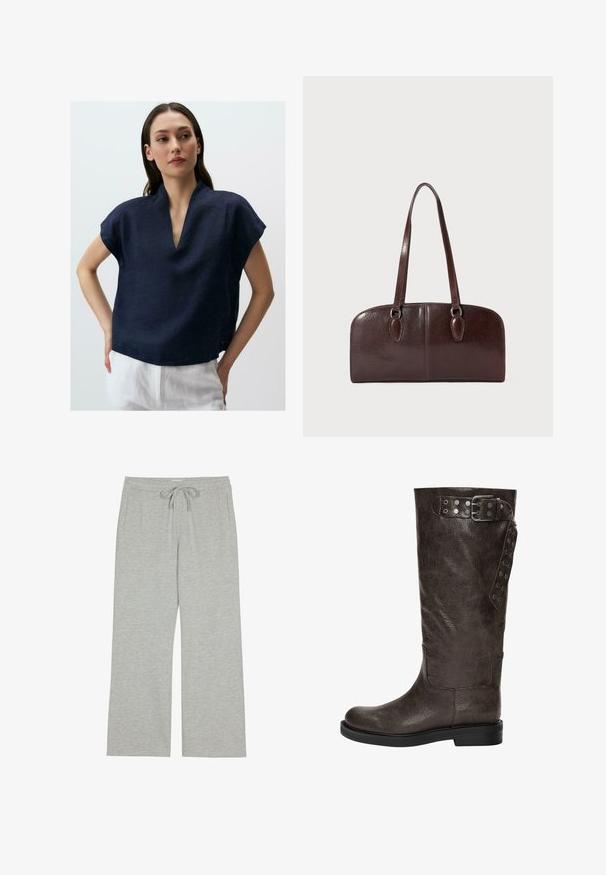 Top in lino blu navy con scollatura a V e maniche corte. Il tessuto ha una sottile texture, presenta una vestibilità comoda e un orlo dritto.; Top halter marrone con scollatura a V profonda e tessuto arricciato sul busto, abbinato a pantaloni cargo larghi grigio chiaro con lacci regolabili in vita.; Pantaloni tuta grigi chiari realizzati in un morbido tessuto testurizzato, con cintura regolabile e tasche laterali; vestibilità ampia e rilassata.; Stivale in pelle marrone fino al ginocchio con una finitura texturizzata, dotato di una fibbia e di dettagli a scatto laterali, e una suola di gomma piatta.; Borsa in pelle marrone con due manici lunghi, forma rettangolare strutturata, superficie liscia e angoli arrotondati. Presenta dettagli di accentuazione sui manici.