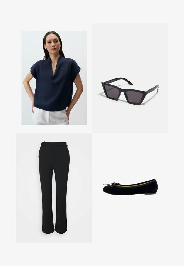 Marineblaues Leinentop mit V-Ausschnitt und kurzen Ärmeln. Der Stoff hat eine dezente Textur, zeigt eine lockere Passform und einen geraden Saum.; Schwarze, maßgeschneiderte Hose mit glatter Oberfläche, geradem Bein-Design und einem Bund. Verfügt über subtile Nähte und keine Taschen.; Schwarze Samt-Ballerinas mit runder Zehenpartie, einer kleinen Schleifenapplikation auf der Vorderseite und einem kontrastierenden gelben Innenfutter.; Schwarze, eckige Sonnenbrille mit grauen Gläsern; aus Kunststoff gefertigt, mit dicken Bügeln, die eine glatte Oberfläche und keine sichtbaren Beschläge haben.