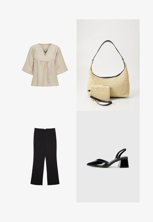 Blusa beige a maniche corte con scollatura a V, dettagli arricciati sotto il colletto, realizzata in tessuto morbido e dal design morbido.; Pantaloni neri a gamba dritta, con tasche frontali e spacchi laterali all'orlo. Realizzati in tessuto morbido e liscio. Adatti a diverse occasioni.; Décolleté in vernice nera con punta affusolata e tacco in geometria cubica. Presentano un design elegante e minimalista, con una texture liscia.; Borsa in paglia intrecciata con silhouette curva, dotata di una tracolla in pelle nera liscia e di una piccola pochette abbinata, attaccata da un cinturino da polso.