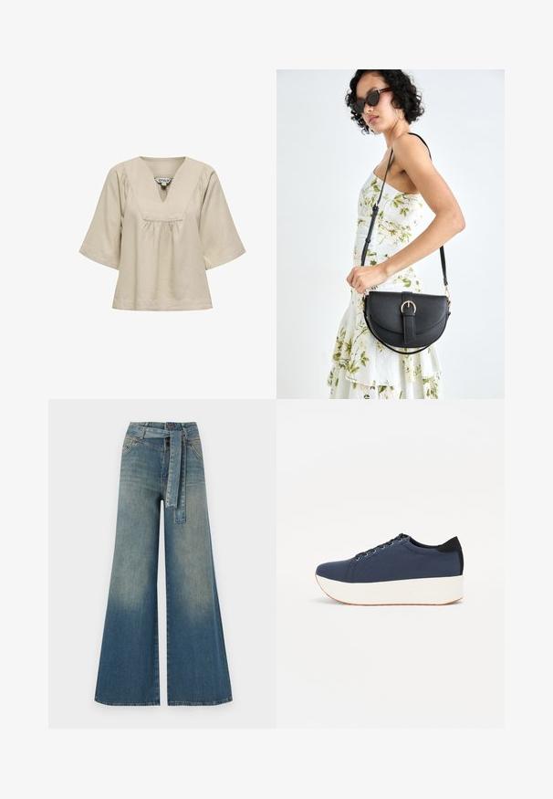 Beige lühikeste varrukatega pluus V-kaelusega, kogumisdetailiga kaeluse all, pehmest materjalist ja laia lõikega.; Laiad denimpüksid, millel on hele tume sinine gradiendiefekt, kõrge vöökoht, vöökumlid ja sobivast kangast vöö. Struktureeritud denimi viimistlus.; Tumedat sinised tennised tekstureeritud riidest pealispinnaga, valge platvormi tallaga, ümarate varvaste ja musta kontsapaneeliga. Omab kuut silma paelte jaoks.; Mustmust mustraha kõverate joontega, eemaldatava rihmaga ja kuldsete detailidega. Kotil on klapp, millel on pandladetail.