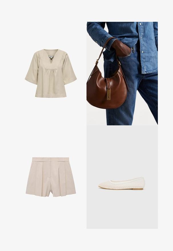 Beige Bluse mit kurzen Ärmeln und V-Ausschnitt, mit gerafftem Detail unter dem Ausschnitt, aus weichem Stoff und lockerer Passform.; Beige gefaltete Shorts mit taillierter Passform, hoher Taille und glatter Textur. Vier vorn gelegte Falten erzeugen Volumen. Keine Taschen.; Weiße flache Schuhe mit einem Netzdesign, spitz zulaufender Zehenpartie und einer niedrigen, flachen Sohle. Strukturiertes Obermaterial mit einem glatten Innenfutter und subtilen Kontrastakzenten.; Braune Leder-Hobo-Tasche mit runder Form, ausgestattet mit goldenen Hardware-Details und kontrastierenden Nähten. Kombiniert mit einem Jeanshemd und Jeans.