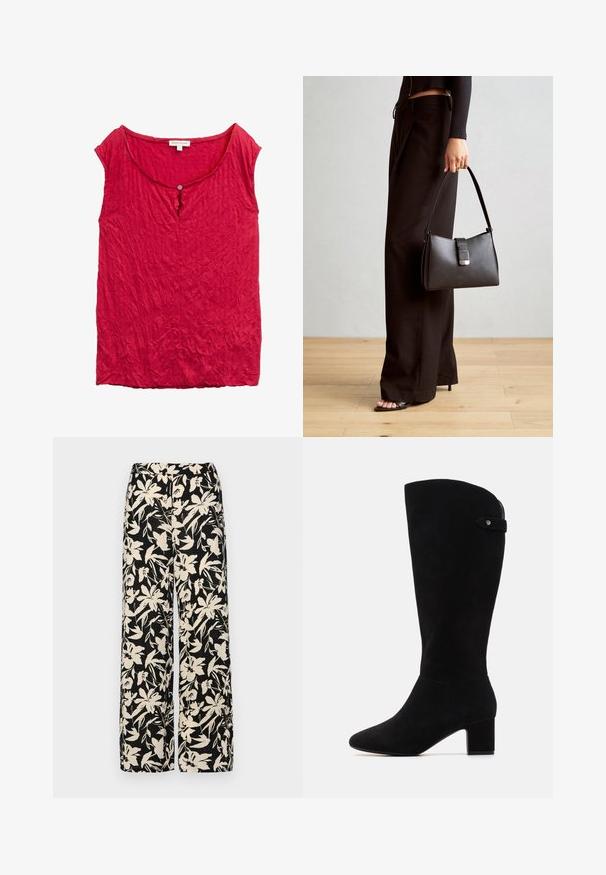 Czerwony, pomarszczony top z okrągłym dekoltem i jednym guzikiem z przodu. Lekka, teksturowana tkanina. Bez rękawów.; Czarne spodnie wide-leg z kremowym kwiatowym wzorem. Wykonane z lekkiego materiału, o gładkiej teksturze i wysokim staniku.; Czarne zamszowe kozaki za kolano z ostrym noskiem i blokowym obcasem. Charakteryzują się gładką fakturą i prostym wzornictwem, z bocznym akcentem w postaci paska.; Czarna torebka o usztywnionym kształcie, gładkiej fakturze i metalowym zapięciem. Połączona z szerokimi czarnymi spodniami i sandałami na otwartym palcu na drewnianej podłodze.