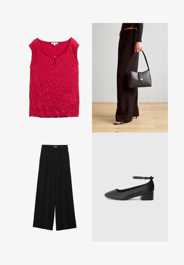 Rotes, gepliesstes Oberteil mit Rundhals-Ausschnitt und einem einzelnen Knopfdetail an der Vorderseite. Leichter, strukturierter Stoff. Ärmelloses Design.; Schwarze weite Hosen aus strukturiertem Stoff, mit elastischem Bund und einem abnehmbaren Bindegürtel in der Taille für eine verstellbare Passform.; Schwarze Lederpumps mit spitzem Zehenbereich und niedrigem Blockabsatz. Mit einem Knöchelriemen und einer goldfarbenen Schnalle. Glatte Textur.; Schwarze Handtasche mit strukturierter Form, glatter Textur und einem metallischen Verschluss. Kombiniert mit weiten schwarzen Hosen und offenen Sandalen auf einem Holzboden.