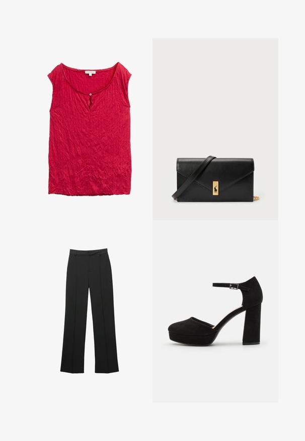 Rode, geplooide top met een ronde hals en een enkele knoopdetail aan de voorkant. Lichte, textuurrijke stof. Mouwloos ontwerp.; Zwarte rechte broek gemaakt van een gladde stof, met een platte voorkant, broekriemlussen en zonder zichtbare zakken, met een getailleerde pasvorm.; Zwarte suède plateauhakken met een dikke blokhak, ronde neus en enkelbandje dat is beveiligd met een metalen gesp. Zachte textuur overal.; Zwarte leren portemonnee met een opklapbare flap, gouden hardware en een logo-accent. Inclusief een afneembare strap voor het dragen.