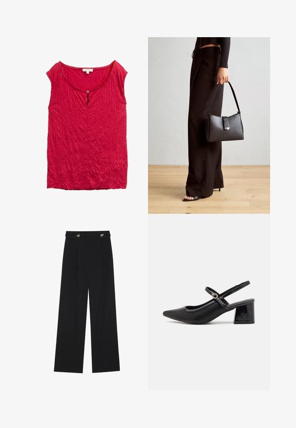 Top rosso, ripiegato, con scollatura a barchetta e un dettaglio con un solo bottone sul davanti. Tessuto leggero e strutturato. Design senza maniche.; Pantaloni neri a gamba larga con vita alta, dettagli con bottoni in vita e pieghe frontali.; Décolleté in vernice nera con cinturino dietro, punta affusolata, design con ritagli arrotondati e tacco a blocco. Presenta un accento di fibbia tono oro.; Borsa nera con forma strutturata, texture liscia e una chiusura metallica. Abbinata a pantaloni neri larghi e sandali open-toe su un pavimento in legno.