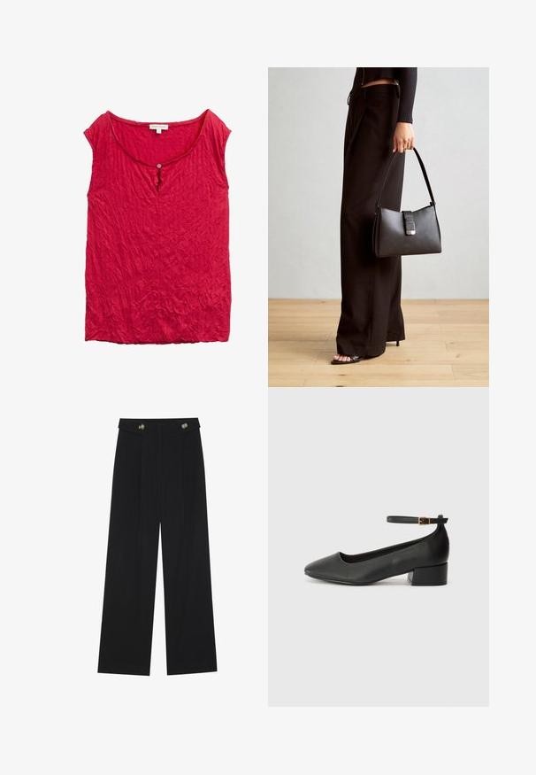 Sarkans, grumbulis augšpusē ar apaļu kakla izgriezumu un vienu pogu priekšpusē. Viegla, teksturēta auduma. Bez piedurknēm.; Melnas platās bikses ar augstu jostasvietu, pogu detaļām uz jostas un priekšējām krokām.; Melnas ādas sūkņi ar smailu purngalu un zemu bloku papēdi. Iezīmēts ar potītes siksniņu ar zelta krāsas sprādzi. Gluda tekstūra.; Melnā somiņa ar strukturētu formu, gludu tekstūru un metālu sprādzi. Saskaņota ar platām melnām biksēm un sandālēm ar atvērtu purngalu uz koka grīdas.