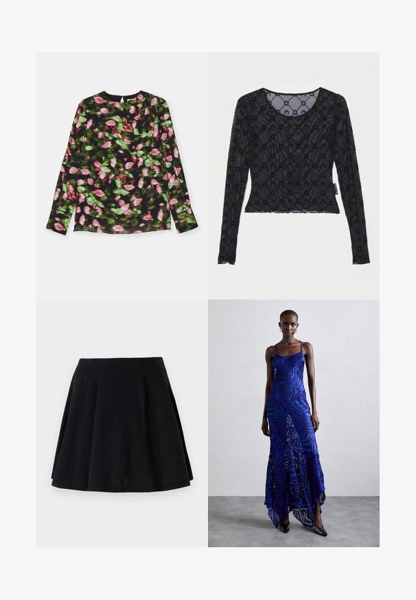 Long-sleeve top featuring a black fabric with a floral pattern in pink and green. Round neckline with a slight pleat detail.; Black long-sleeve top made of sheer, textured fabric featuring a raised floral pattern and a rounded neckline with a scalloped hem.; Black cotton skirt with a flared silhouette, featuring pleats along the waist area and a smooth texture. Suitable for casual wear.; Blue and purple animal print maxi dress with thin straps, a fitted bodice, flared hem, and sheer overlay detailing.