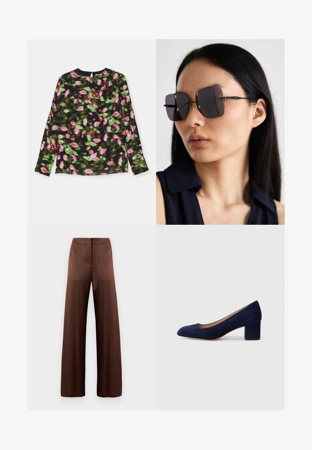 Langärmliges Oberteil aus schwarzem Stoff mit floralen Mustern in Pink und Grün. Rundhalsausschnitt mit einem leichten Faltendetail.; Braune Schlaghosen aus glattem, leichtem Stoff, mit flacher Vorderseite, ohne Taschen und geradem Schnitt.; Marineblaue Wildleder-Pumps mit spitzem Zehenbereich und einem mittelhohen Blockabsatz. Glatte Textur mit einem subtilen Glanz und einem kleinen Ausschnitt an der Vorderseite.; Schwarze, übergroße Sonnenbrille mit quadratischen Gläsern, dünnem schwarzen Rahmen und ausgefallenen, strukturierten Bügelakzenten. Getragen von einem Modell mit langen schwarzen Haaren.