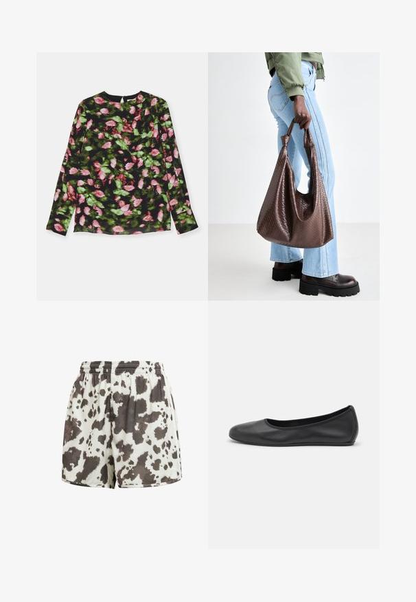 Long-sleeve top featuring a black fabric with a floral pattern in pink and green. Round neckline with a slight pleat detail.; Drawstring shorts in cream with a brown and black cow print. Smooth texture, loose fit, stitched hem, and elastic waistband.; Black leather ballet flat with a rounded toe, smooth texture, minimal stitching detail, and a flexible sole design.; Brown woven leather tote bag with knotted handles, carried by a person in light blue jeans and black chunky shoes. Smooth, textured surface.