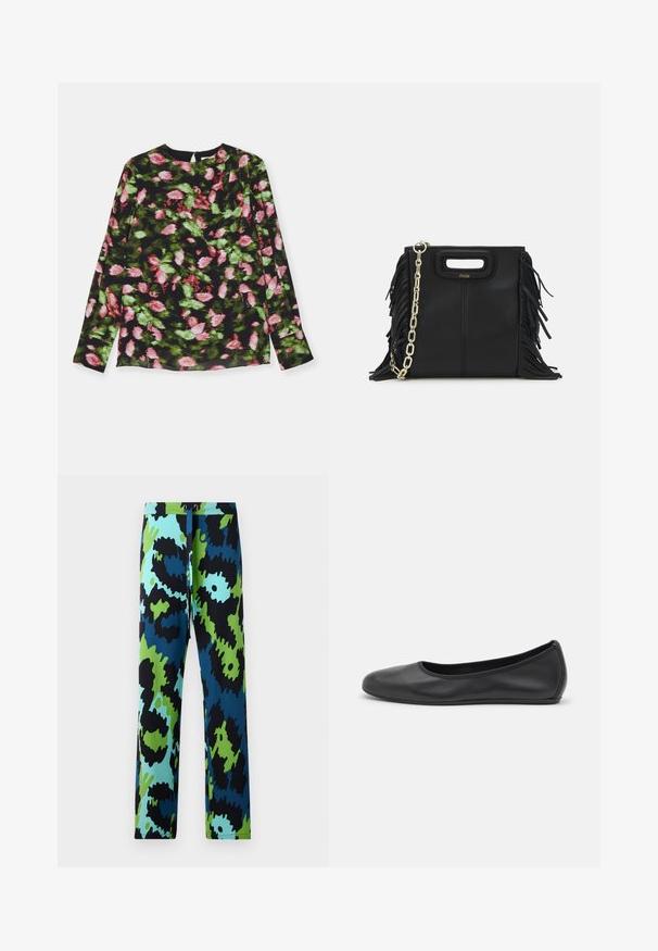 Pitkähihaista puseroa, jossa on mustaa kangasta ja vaaleanpunaisia ja vihreitä kukkakuoseja. Pyöreä pääntie, jossa on pieni poimutusyksityiskohta.; Moniväriset housut, joissa on rohkea abstrakti kuvio mustassa, sinisessä ja vihreässä. Valmistettu sileästä kankaasta, jossa on nyöri vyötäröllä.; Musta nahkainen ballerina, jossa on pyöristetty kärki, sileä pinta, minimaalinen ommelkoristelu ja joustava pohjamuotoilu.; Musta nahkakäekott, millel on frantsiisidetailid, kuldne õlgade rihm ja lõikega käepide. Ees on logo paigutus.