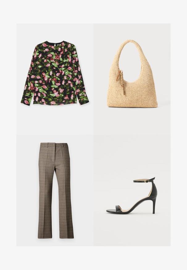 Maglia a maniche lunghe realizzata in tessuto nero con un motivo floreale in rosa e verde. Collo rotondo con un leggero dettaglio plissettato.; Pantaloni a quadri marroni con taglio dritto, caratterizzati da un tessuto testurizzato e da sfumature sottili di beige e marroni scuri in tutto il motivo.; Sandal in pelle nera con tacco alto e cinturino alla caviglia. Caratteristiche: texture liscia, punta aperta e tacco sottile. Dettaglio con fibbia tono oro.; Borsa a tracolla beige intrecciata con manico curvo, superficie testurizzata e dettaglio in frangia marrone. Presenta una forma morbida e hobo.