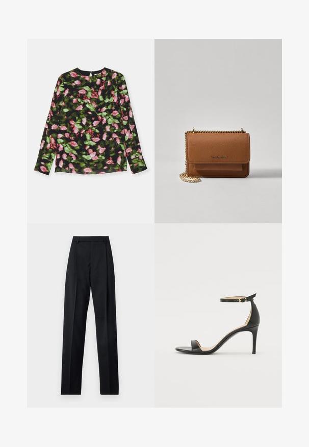 Maglia a maniche lunghe realizzata in tessuto nero con un motivo floreale in rosa e verde. Collo rotondo con un leggero dettaglio plissettato.; Pantaloni neri realizzati in tessuto morbido, caratterizzati da vita alta, gambe larghe, pince frontali e classiche passanti per cintura. Non ci sono tasche laterali visibili.; Sandal in pelle nera con tacco alto e cinturino alla caviglia. Caratteristiche: texture liscia, punta aperta e tacco sottile. Dettaglio con fibbia tono oro.; Borsa a tracolla in pelle marrone con texture, dotata di catena dorata e chiusura a pattina. Sul davanti presenta un dettaglio con logo e una tasca sotto la pattina.