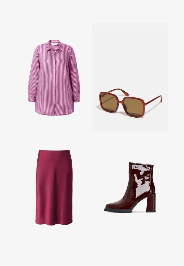 Camicia button-up a righe in viola e bianco, con colletto a punta, maniche lunghe e orlo dritto. Tessuto in cotone morbido.; Gonna di raso bordeaux con una texture liscia, taglio dritto, lunghezza media e un leggero brillante. Nessun motivo visibile o dettagli metallici.; Stivaletto bordeaux lucido con punta quadrata, tacco spesso trasparente e suola nera testurizzata. Superficie liscia con una finitura ad alta brillantezza.; Occhiali da sole rossi con lenti marroni. Montatura spessa e lucida e stanghette sottili con dettagli minori sui lati per un interesse visivo.