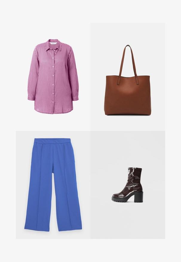 Camisa de botones a rayas en púrpura y blanco, con cuello de punta, mangas largas y dobladillo recto. Tela de algodón suave.; Pantalones de pierna ancha hechos de una tela suave y elástica en un vibrante azul. Cuentan con una cinturilla plana y dos pliegues frontales para añadir un detalle de diseño.; Botín burdeos brillante hasta el tobillo con un tacón negro grueso, que presenta una textura suave y un diseño sencillo. Sin cierres ni patrones visibles.; Bolso tote de cuero marrón con una textura suave, diseño de apertura superior y dos correas para el hombro. Presenta una costura mínima y sin herrajes visibles.