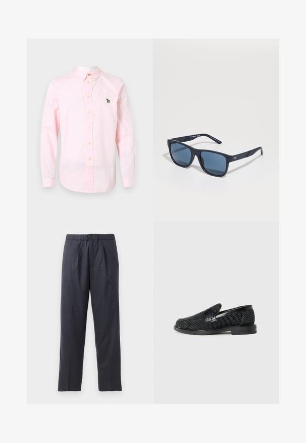 Camicia button-up a maniche lunghe di colore rosa chiaro, realizzata in cotone. Caratterizzata da un colletto e un logo di un elefante ricamato in verde sul lato sinistro del petto.; Pantaloni scuri in navy realizzati in tessuto morbido, con design a pieghe frontali e vita elastica. Presentano una chiusura con bottone e un taglio dritto.; Scarpa nera a mocassino intrecciata con un accentuato in pelle liscia sulla parte superiore, design a punta rotonda e suola in gomma a profilo basso.; Occhiali da sole rettangolari blu con lenti scure, montatura opaca blu navy, dettaglio del logo sulla tempia, aste dritte e una texture solida e liscia.