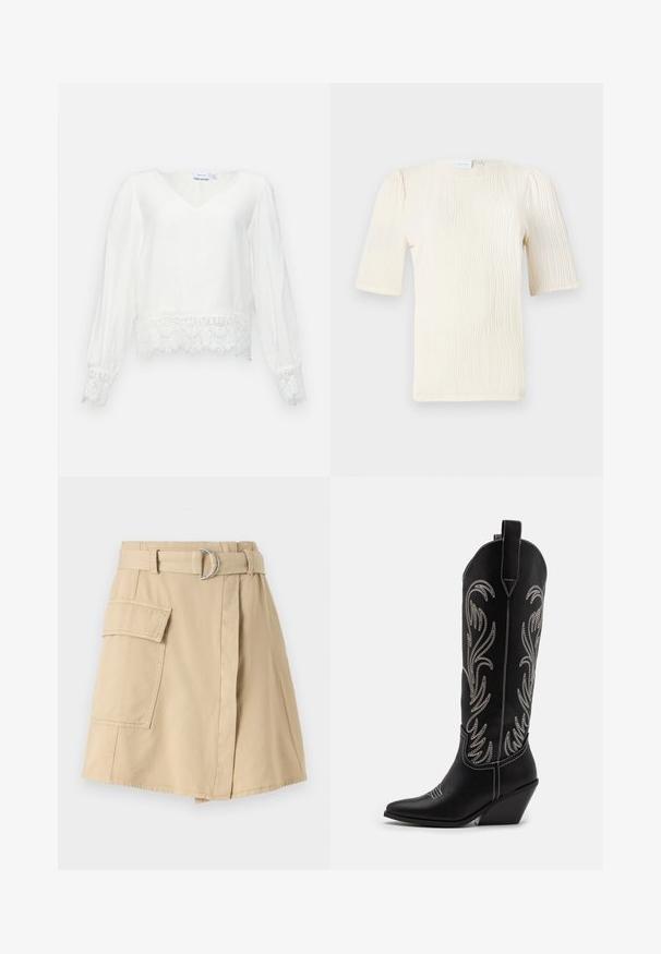 Bluză lungă albă cu mânecă lungă și decolteu în V, cu dantelă la marginea de jos și la manșete, realizată dintr-un material ușor, cu o textură netedă.; Bluză cu mânecă scurtă, de culoare crem, cu un model texturat în valuri. Decolteu rotund și detalii subtile de plisare la mâneci. Material ușor.; Fustă din bumbac bej cu o buzunar lateral, talie accesorizată cu o curea ce are un inel argintiu și o formă ușor în A. Textură netedă și design simplu.; Bocanci de cowboy din piele neagră, cu vârfuri ascuțite, toc wedge și modele florale brodate cu fir argintiu de-a lungul tijei. Cusături în contrast pe întreaga suprafață.