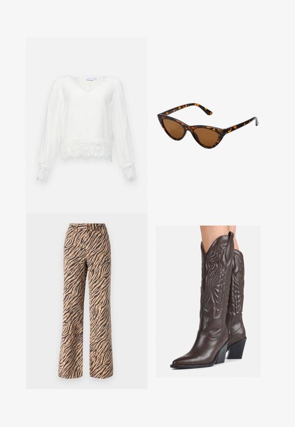 White long-sleeve blouse with a V-neck, featuring lace trim at the hem and sleeve cuffs, made of lightweight fabric with a smooth texture.; Wide-leg trousers with a tiger stripe pattern in shades of brown and black, featuring a standard waist and five-pocket design.; Brown leather cowboy boots with pointed toe and block heel, featuring detailed stitching and raised accents on the shaft.; Cat-eye sunglasses with a black and orange tortoiseshell frame, brown lenses, and sleek, pointed tips. Features a minimal logo on the temple.; Black leather clutch bag with a flap and a gold metal buckle detail. Includes a black strap and a sleek, minimalist design.