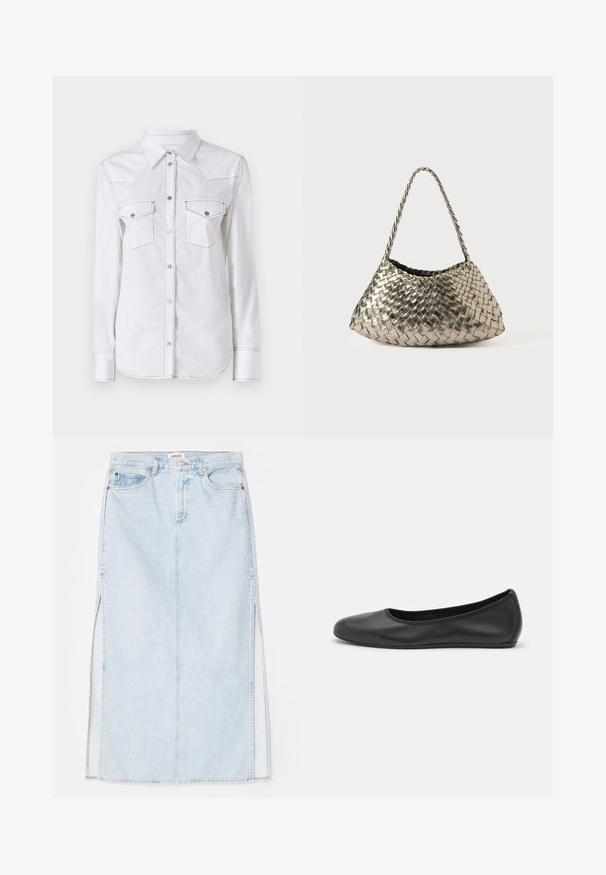 Hvid langærmet skjorte med spids krave, to brystlommer, kontrasterende syninger og afrundet kant. Har metalknapper.; Lyseblå denim maxi nederdel med lige snit, der har sideslidser og fem-lomme design. Fremtrædende syninger og metalknaplukning.; Sort læderballetsko med rund tå, glat tekstur, minimal syning og et fleksibelt såldesign.; Metallisk vævet håndtaske med en trekantet form, der har en flettet rem og et inderfôr i velvet. Farve: sølv. Struktur: glat og stoflignende.