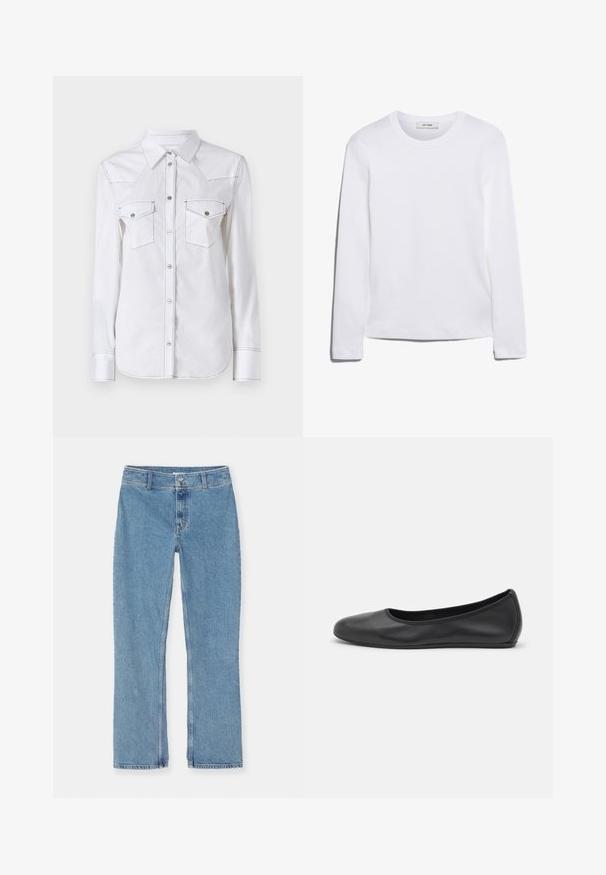 Camicia bianca a maniche lunghe con colletto a punta, due tasche sul petto, cuciture a contrasto e orlo arrotondato. Presenta bottoni in metallo.; T-shirt bianco a maniche lunghe realizzato in cotone a coste, con scollo rotondo e orlo dritto. Design semplice senza motivi o accenti.; Jeans in denim blu chiaro con gamba dritta, chiusura con bottone e zip, passanti per cintura e cuciture standard su sfondo bianco.; Pantofole da balletto nere in pelle con punta arrotondata, texture liscia, dettagli di cucitura minimi e design con suola flessibile.