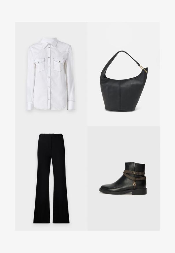 Chemise blanche à manches longues avec un col pointu, deux poches poitrine, des coutures contrastées et un ourlet arrondi. Dotée de boutons en métal.; Pantalons évasés noirs avec une texture lisse, une taille cintrée et des poches avant, conçus avec une silhouette moderne et élégante.; Bottine en cuir noir avec une semelle plate, dotée d'une sangle à motif marron et de détails en métal doré. Texture lisse.; Sac à main en cuir noir avec une forme arrondie, une large bandoulière et une finition texturée. Présente un détail de couture subtil et un accent en métal doré.