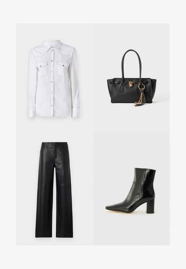 Chemise blanche à manches longues avec un col pointu, deux poches poitrine, des coutures contrastées et un ourlet arrondi. Dotée de boutons en métal.; Pantalons en cuir noir à jambes larges avec une texture lisse, dotés de poches avant, d'une fermeture par bouton et de détails de couture subtils.; Bottines noires en cuir brillant avec un nez pointu et un talon large et carré. Présente une texture lisse et un design minimaliste.; Sac à main en cuir noir avec double anses, serrure dorée et détails en chaîne, et accessoire à pompon noir et blanc sur fond blanc.